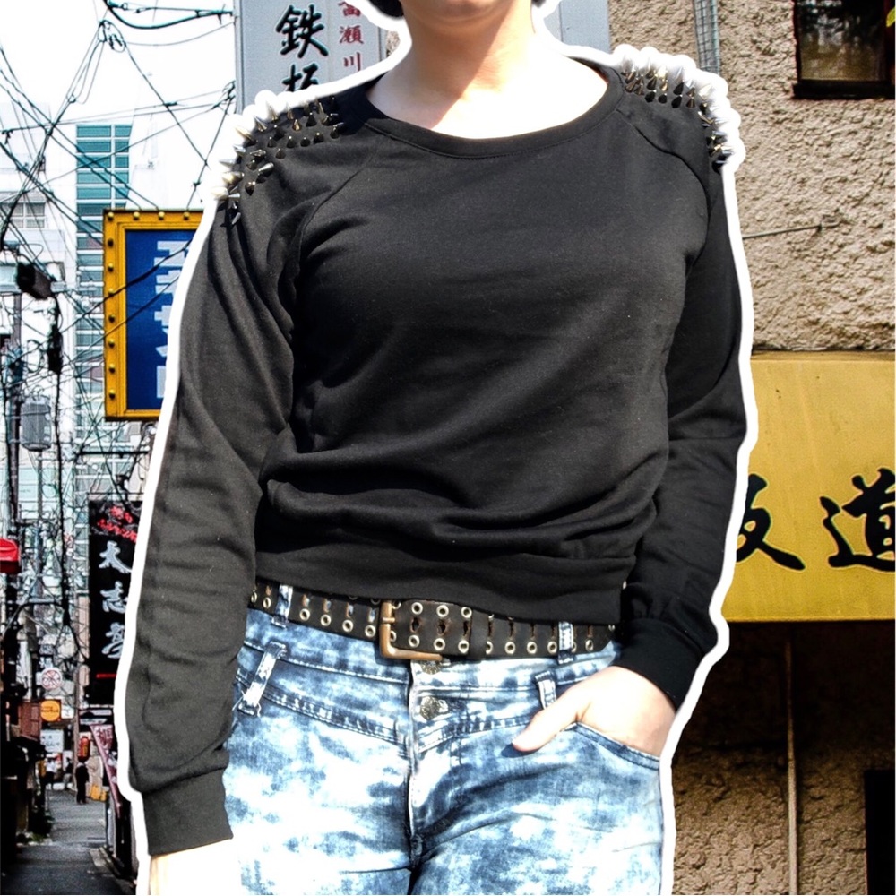 Cotton Candy Cropped Black Sweatshirt with Spike Epaulettes, Size S
